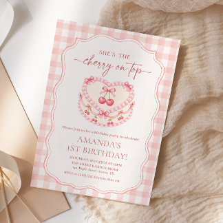 Cherry On Top Pink Gingham 1st Birthday Invitation