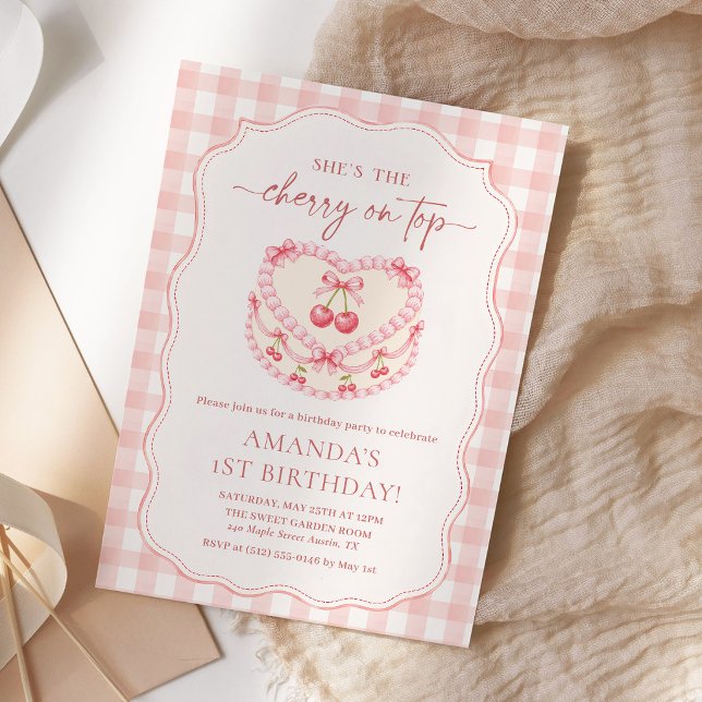Cherry On Top Pink Gingham 1st Birthday Invitation (Creator Uploaded)