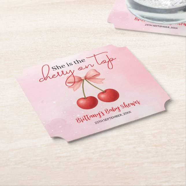 Cherry on Top Pink Girl Baby Shower  Paper Coaster (Angled)