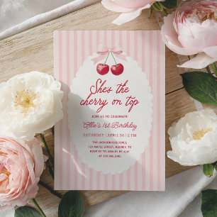 Cherry on Top Pink Girl Birthday Invitation