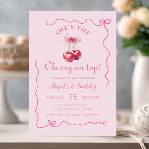 Cherry on Top Pink Handdrawn Birthday with Bow Invitation