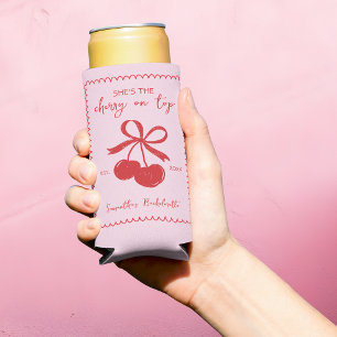 Cherry On Top Pink & Red Hand Drawn Bridal Shower Seltzer Can Cooler