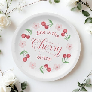 Cherry on Top pink watercolor Baby shower Paper Plate