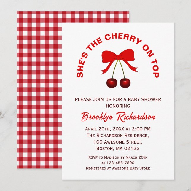 Cherry On Top Red Coquette Bow Girl Baby Shower Invitation (Front/Back)