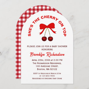 Cherry On Top Red Coquette Bow Girl Baby Shower Invitation