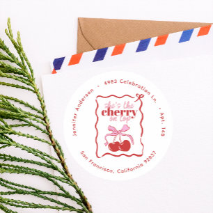 Cherry on Top Red Hand Drawn Return Address Classic Round Sticker