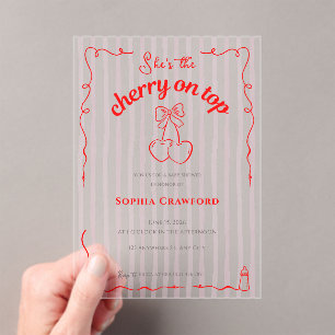 Cherry on Top Red Pink Bow Baby Shower Acrylic Invitations