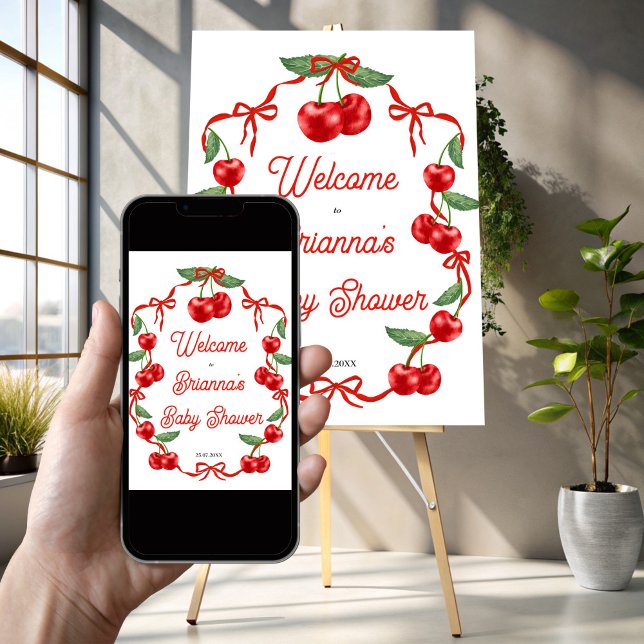 Cherry on top ribbon baby shower welcome sign (Cherry on top red ribbon coquette cherry baby shower welcome sign poster template instant download)