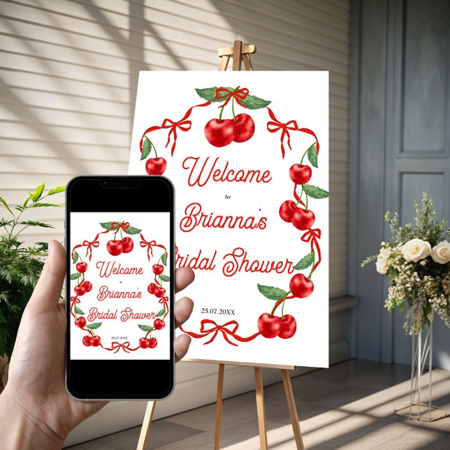 Cherry on top ribbon bridal shower welcome sign (Cherry on top ribbon coquette  bridal shower welcome sign poster template instant download)