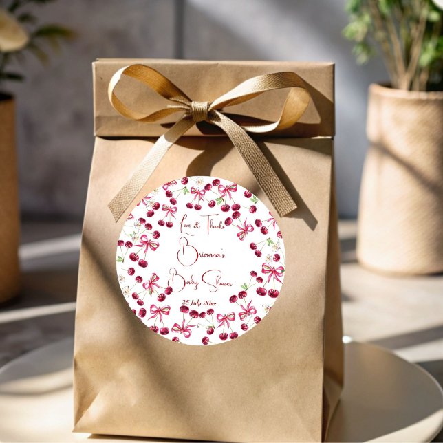 Cherry on top ribbon whimsical baby shower favour classic round sticker (Cherry on top ribbon bow whimsical cherry baby shower favor sticker personalized thank you stickers)