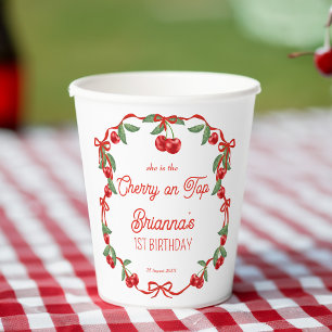Cherry on top ribbon whimsical birthday monogram paper cups