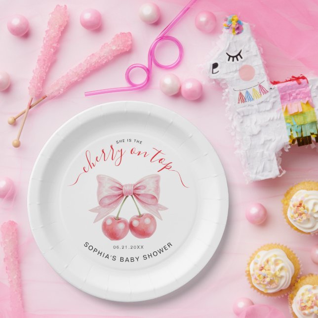 Cherry On Top Sweet Coquette Girl Baby Shower Paper Plate (Party)