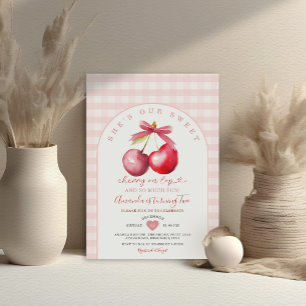 Cherry On Top Sweet Pink Gingham Girl Baby Shower Invitation