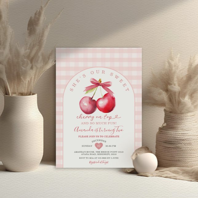 Cherry On Top Sweet Pink Gingham Girl Baby Shower Invitation (Creator Uploaded)