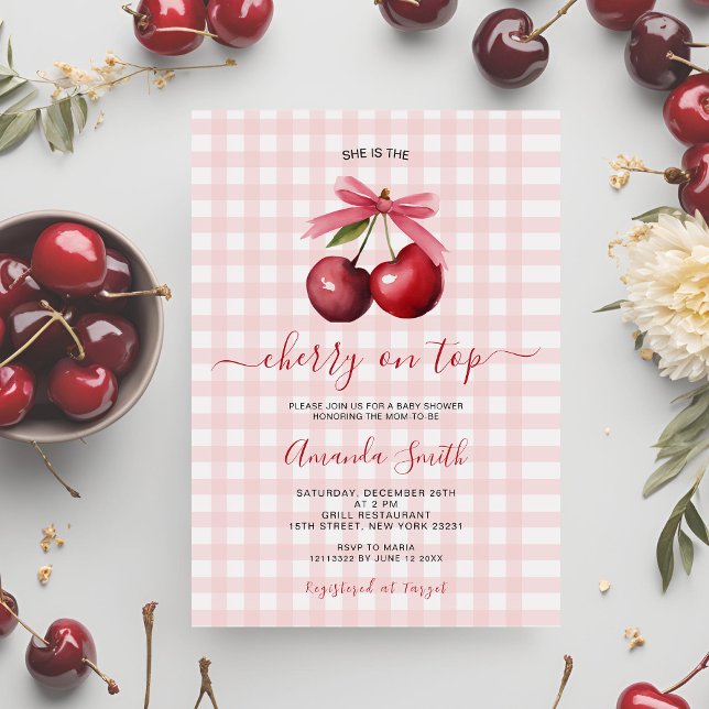 Cherry On Top with Bow Baby Shower Invitation  (Creator Uploaded)