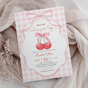 Cherry on Top with Pink Bow Baby Shower Invitation