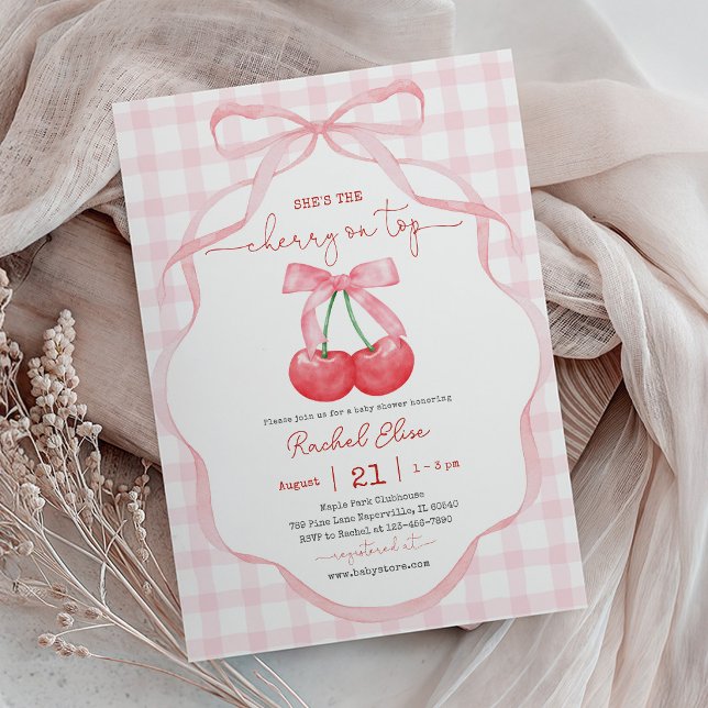 Cherry on Top with Pink Bow Baby Shower Invitation (Creator Uploaded)