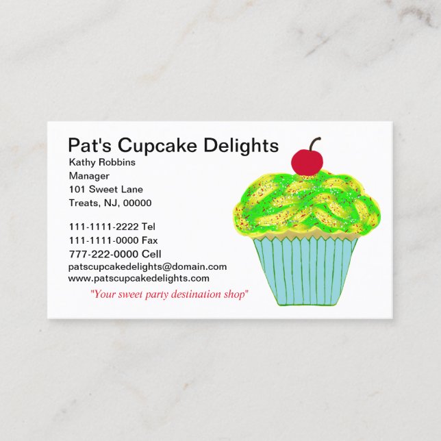 Cherry on Top Yellow Green Frosted Vanilla Cupcake Business Card (Front)