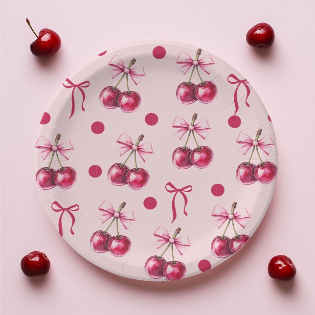 Cherry Pastel Pink & Red Bow Birthday   Paper Plate (Creator Uploaded)