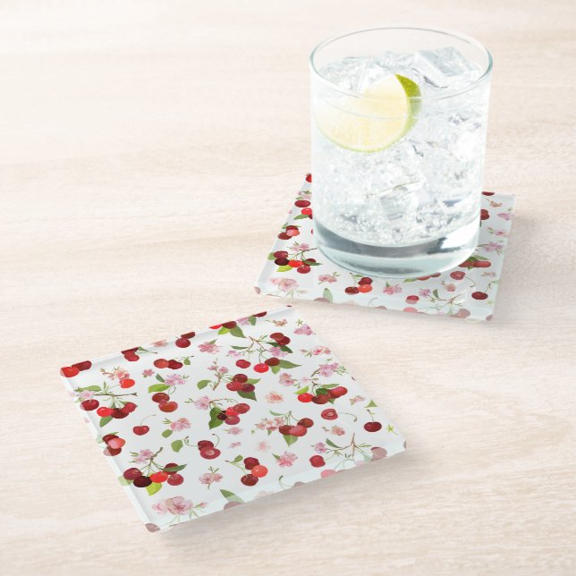 Cherry Pattern 1 Glass Coaster (Angled)