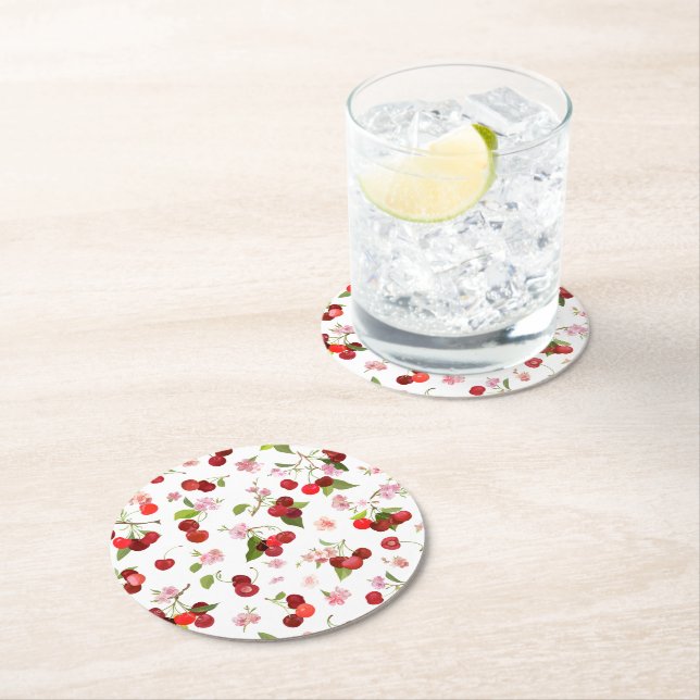 Cherry Pattern 1 Round Paper Coaster (Insitu)