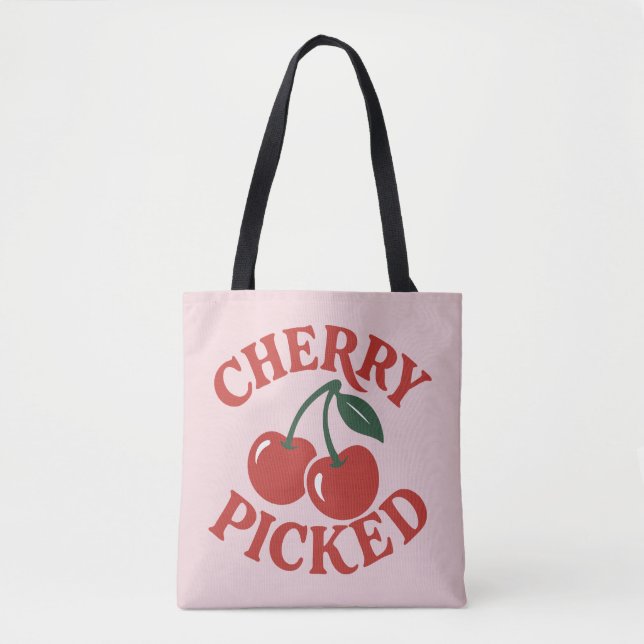 Cherry Picked Trendy Retro Fruit Graphic Tote Bag (Front)