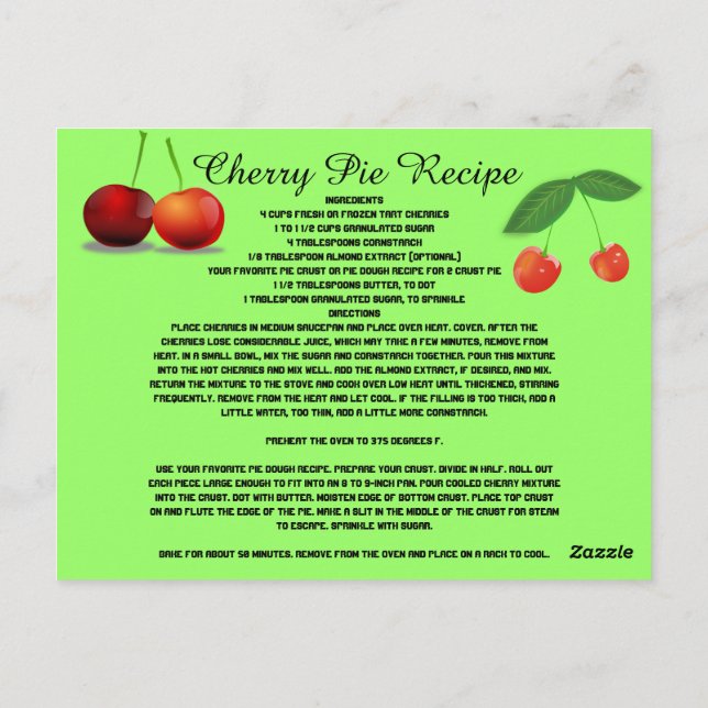 Cherry Pie Recipe Fruit Sweets Dessert Cook Postcard (Back)