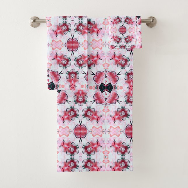 Cherry Pink Blossom Print Towel Set  (Insitu)