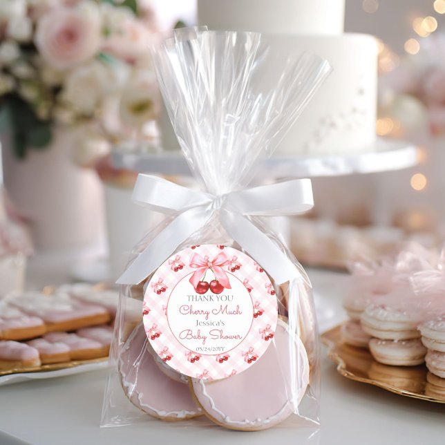 Cherry Pink Bow Baby Shower Classic Round Sticker (Creator Uploaded)