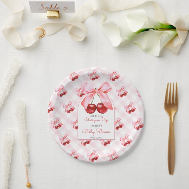 Cherry Pink Bow Baby Shower Paper Plate (Wedding)