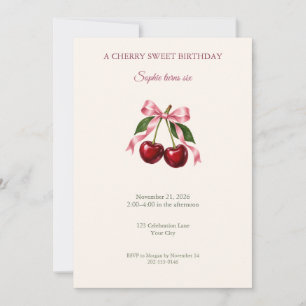 Cherry Pink Bow Birthday Party Invitation