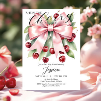 Cherry Pink Bow Cherry on Top Baby Shower Invite