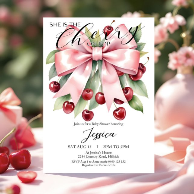 Cherry Pink Bow Cherry on Top Baby Shower Invite (She is the Cherry on Top Baby Shower Invitation with watercolor cherries, foliage and pink bow)