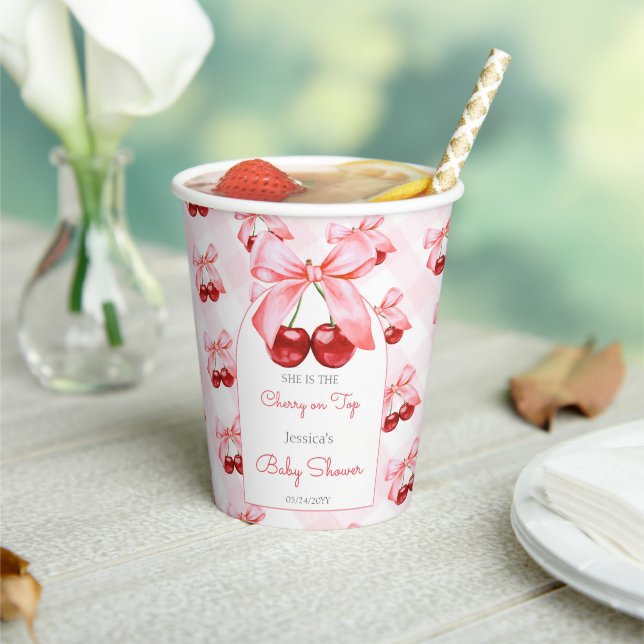 Cherry Pink Bow Girl Baby Shower Paper Cups (Insitu)