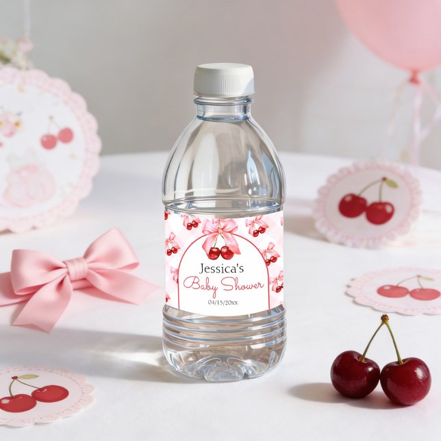 Cherry Pink Bow Girl Baby Shower  Water Bottle Label (Pink bow and cherry baby shower water bottle labels)