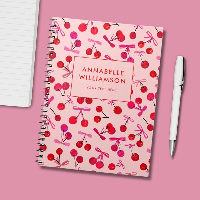 Cherry & Pink Bow Notebook (Cute cherry & bow, coquette aesthetic, personalized notebook/journal.)