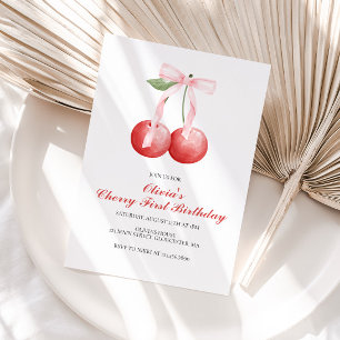Cherry Pink Bow preppy first birthday Invitation