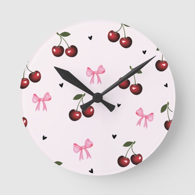 Cherry & Pink Bows Pattern - Coquette Aesthetic  Round Clock (Front)