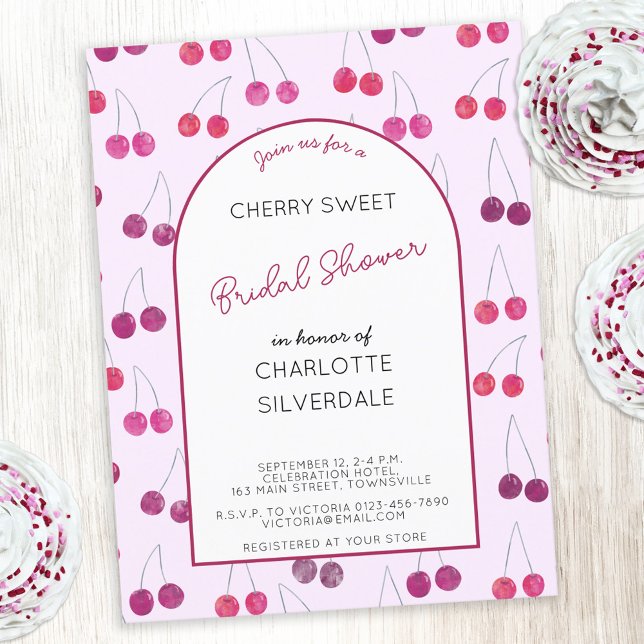 Cherry Pink Bridal Shower Invitation Postcard (Cherry sweet pink watercolor cherries personalized custom text bridal shower invitation postcard)