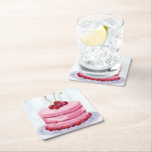Cherry Pink Cake Watercolor Celebration Party Square Paper Coaster