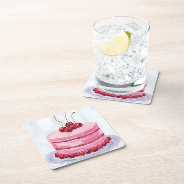 Cherry Pink Cake Watercolor Celebration Party Square Paper Coaster (Insitu)