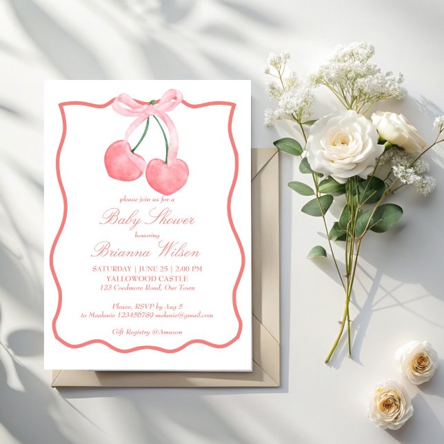 Cherry pink coquette baby shower invitation (Cherry pink bow ribbon border coquette baby shower invitation template)