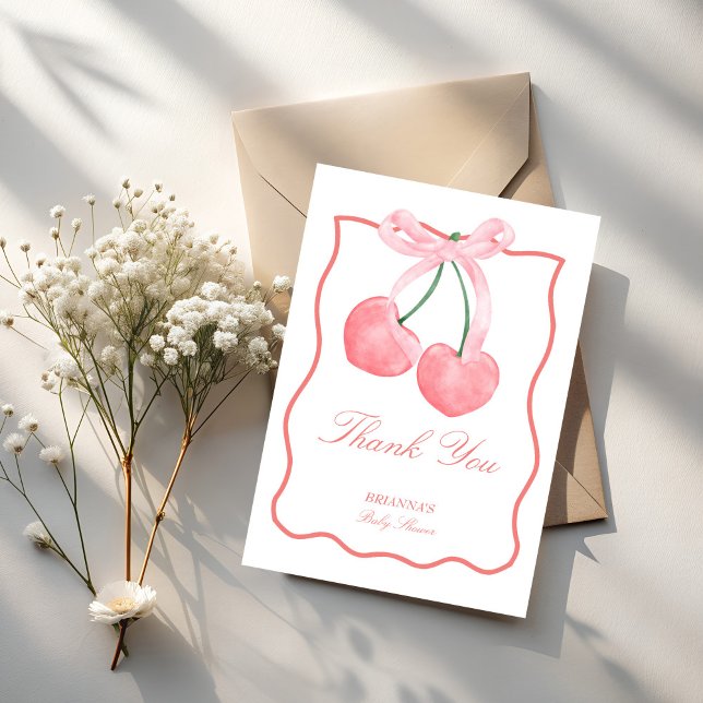 Cherry pink coquette baby shower thank you card (Cherry pink coquette baby shower thank you cards pastel pink wavy border thank you cards)