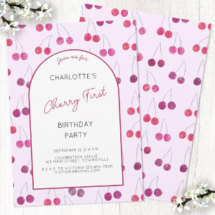 Cherry Pink First Birthday Party Invitation
