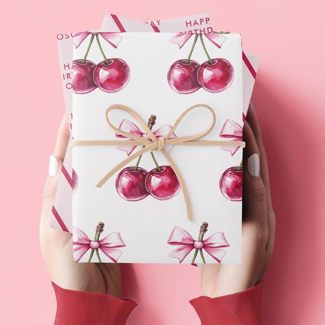 Cherry Pink Happy Birthday  Wrapping Paper Sheet (Creator Uploaded)