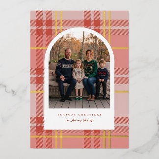 Cherry Pink Plaid & Foil Arch Photo Holiday Card
