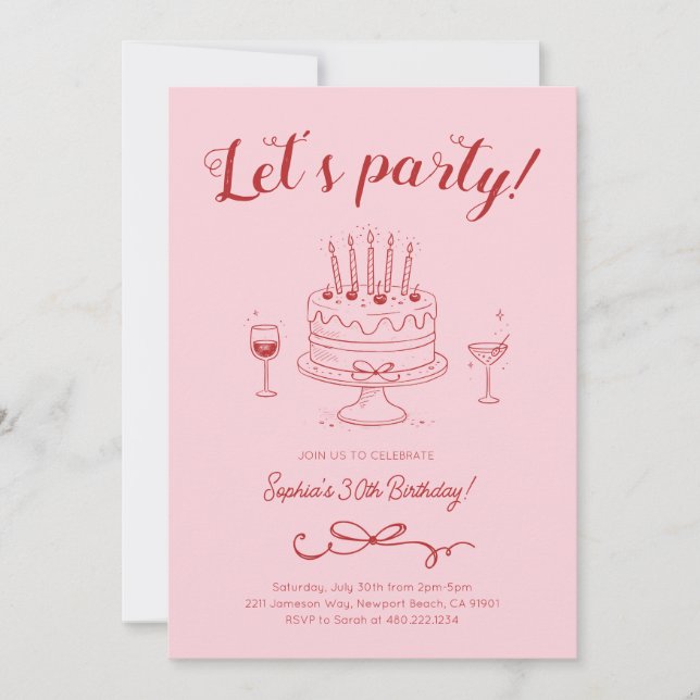 Cherry Pink Red Birthday Cake Invitation (Front)