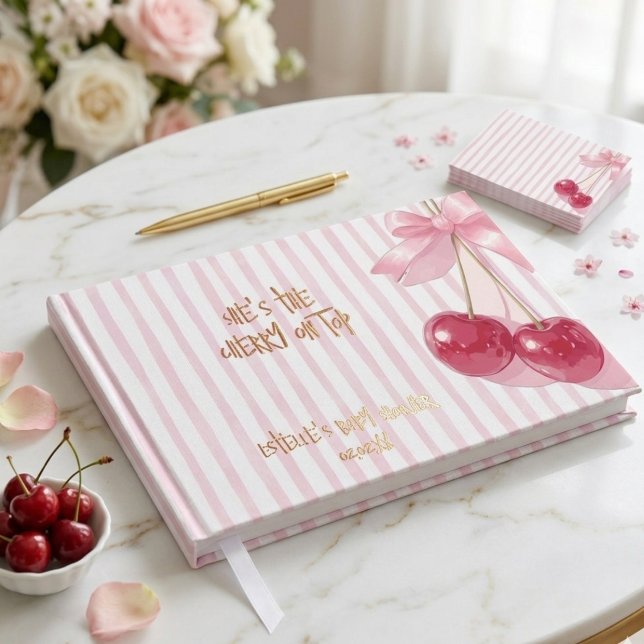 Cherry  Pink Red Retro Bow Summer Shower Guest Book (Creator Uploaded)