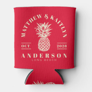 Cherry Pink Tropical Pineapple Wedding Crest Can Cooler