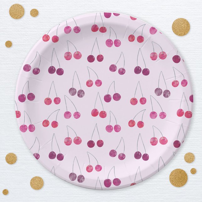 Cherry Pink Watercolor Paper Plate (Watercolor cherry pink pattern party paper plate)